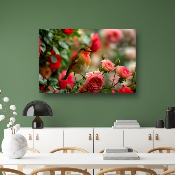 Elegante vogel rustend tussen roze rozen canvas met baklijst
