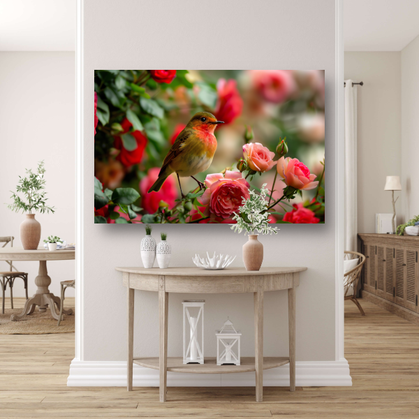 Elegante vogel rustend tussen roze rozen canvas met baklijst