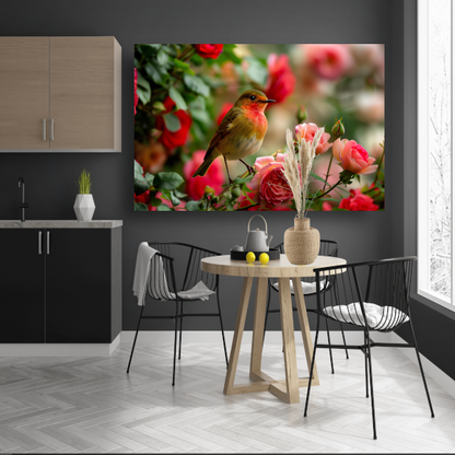 Elegante vogel rustend tussen roze rozen canvas met baklijst