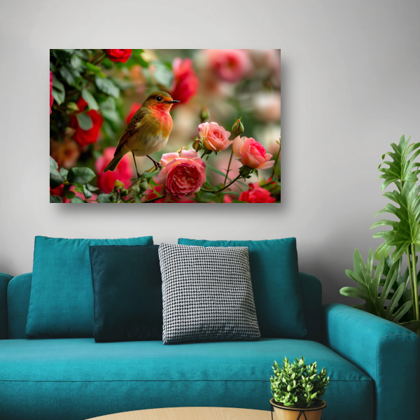 Elegante vogel rustend tussen roze rozen canvas met baklijst
