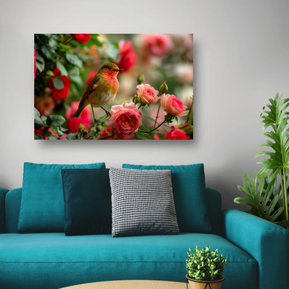 Elegante vogel rustend tussen roze rozen canvas met baklijst