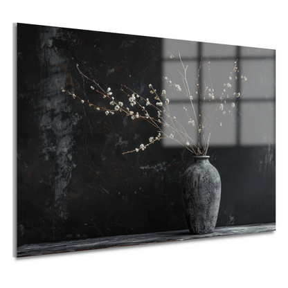 Rustieke Vaas en Takken op Zwarte Achtergrond acrylglas