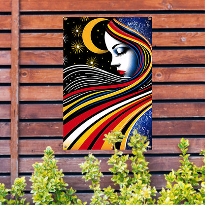 Portret van een vrouw met sterrenhemel tuinposter
