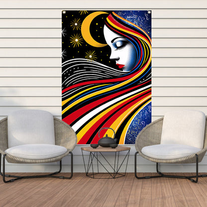 Portret van een vrouw met sterrenhemel tuinposter