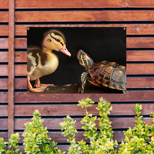 Schildpad en eend: onwaarschijnlijke vriendschap tuinposter