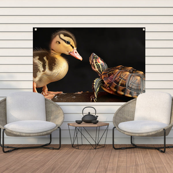 Schildpad en eend: onwaarschijnlijke vriendschap tuinposter
