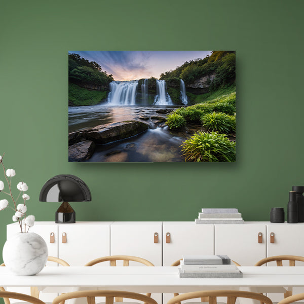 Serene waterval bij zonsondergang canvas met baklijst