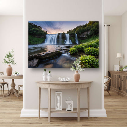 Serene waterval bij zonsondergang canvas met baklijst