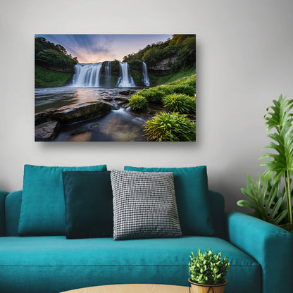 Serene waterval bij zonsondergang canvas met baklijst