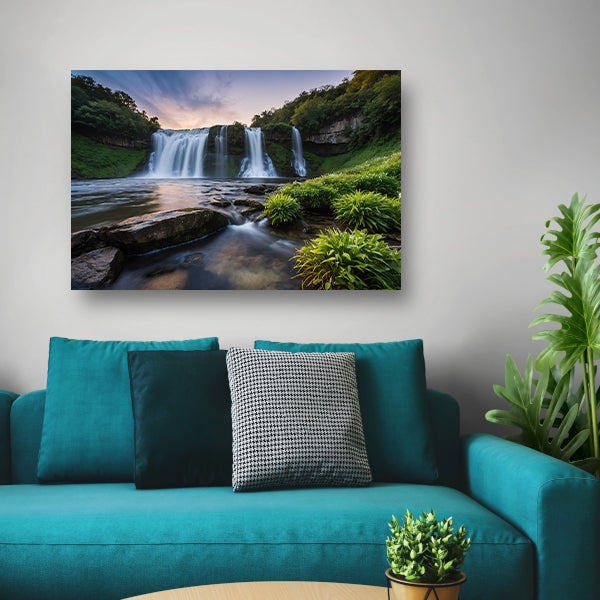 Serene waterval bij zonsondergang poster