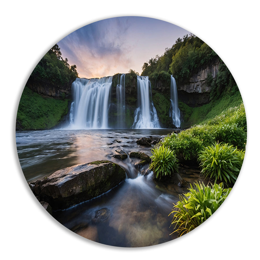 Serene waterval bij zonsondergang aluminium muurcirkel