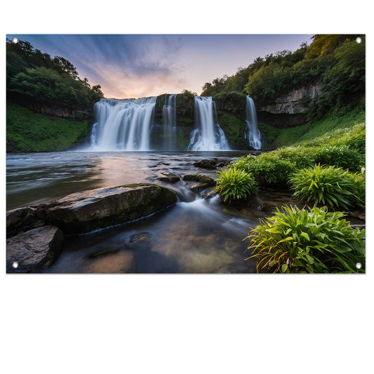 Serene waterval bij zonsondergang tuinposter