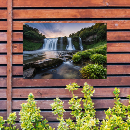 Serene waterval bij zonsondergang tuinposter