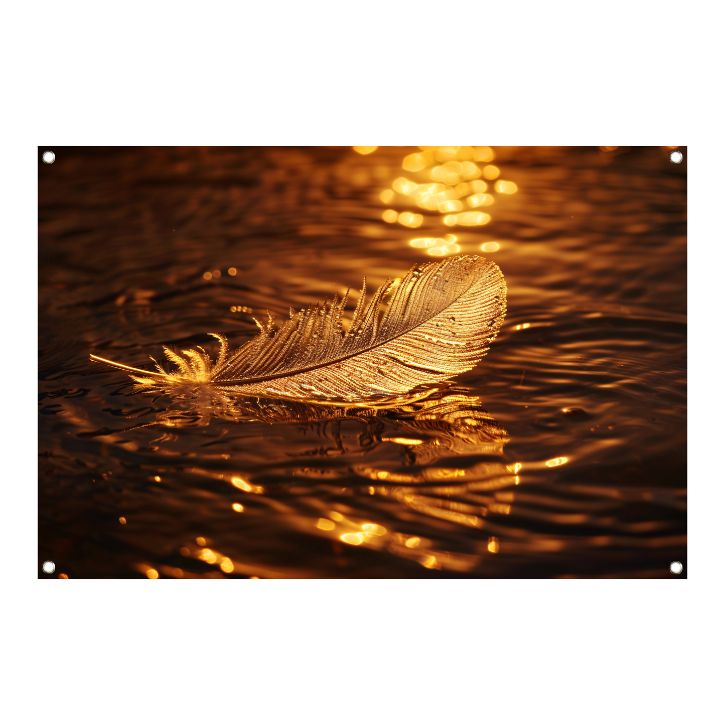 Gouden veer drijvend op water bij zonsondergang tuinposter
