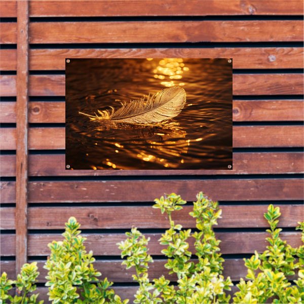 Gouden veer drijvend op water bij zonsondergang tuinposter