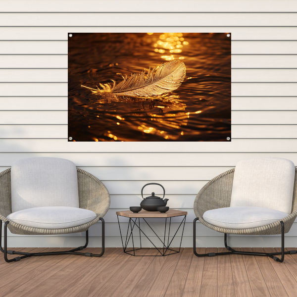 Gouden veer drijvend op water bij zonsondergang tuinposter
