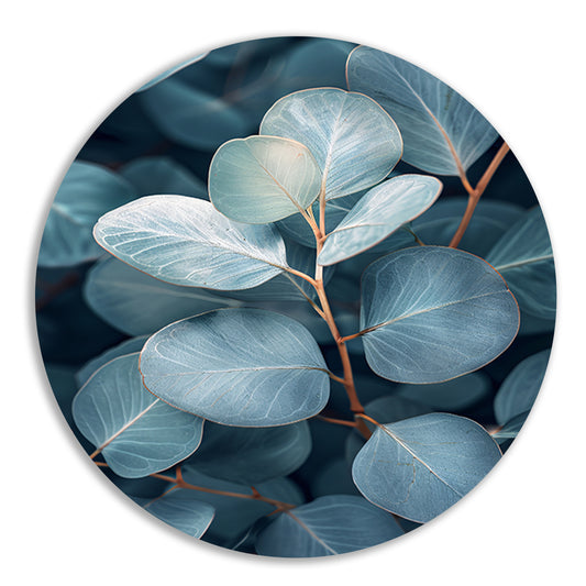 Elegante eucalyptusbladeren in zilveren en blauwe tinten forex muurcirkel