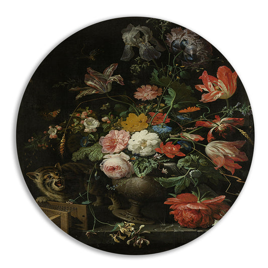 Bloemstilleven met kat en muizenval - Abraham Mignon aluminium muurcirkel