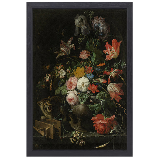 Bloemstilleven met kat en muizenval - Abraham Mignon canvas met baklijst