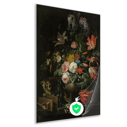 Bloemstilleven met kat en muizenval - Abraham Mignon poster