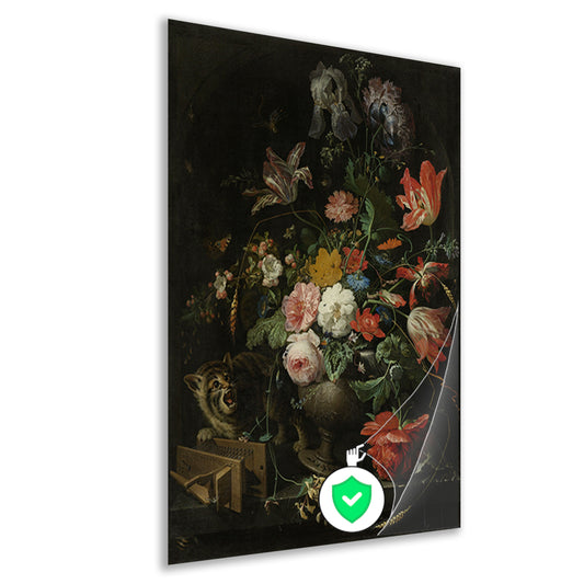 Bloemstilleven met kat en muizenval - Abraham Mignon poster