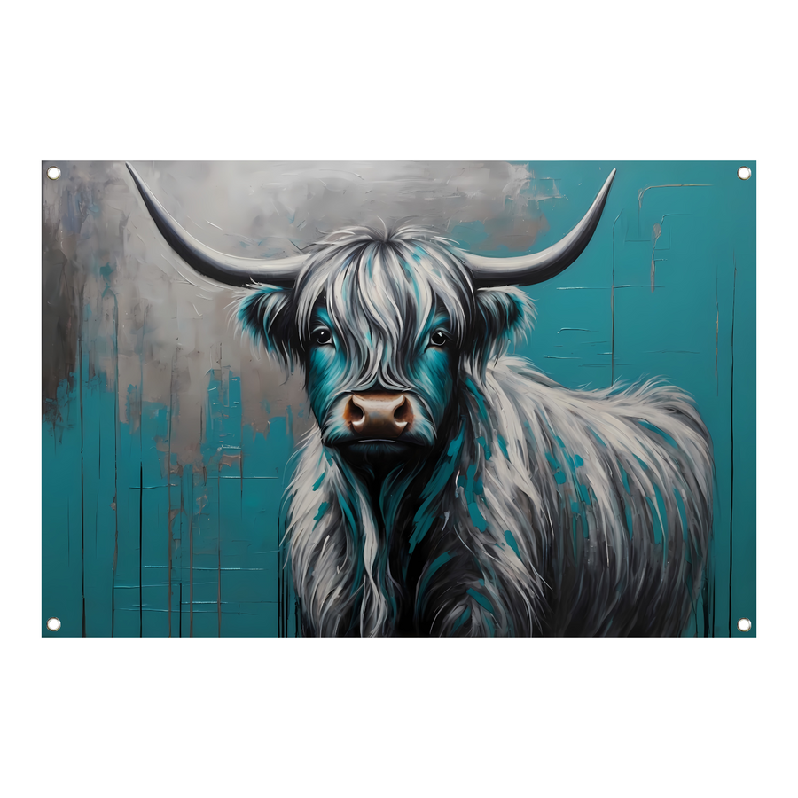 Turquoise en Zilver Hooglander Portret tuinposter