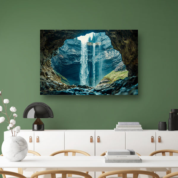 Waterfall seen through rocky cave opening canvas