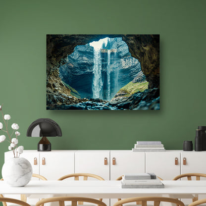 Waterfall seen through rocky cave opening canvas