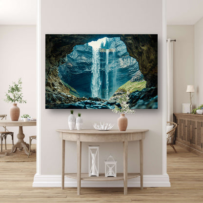 Waterfall seen through rocky cave opening canvas