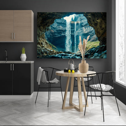 Waterfall seen through rocky cave opening canvas