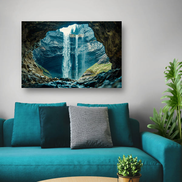Waterfall seen through rocky cave opening canvas