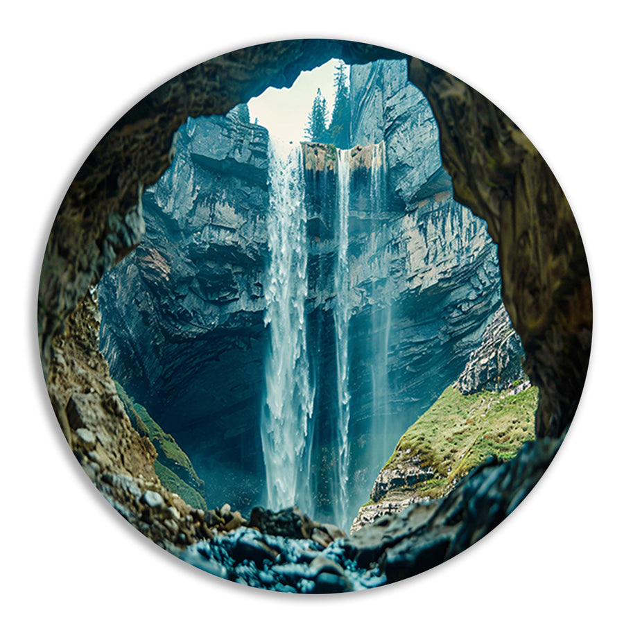 Waterfall seen through rocky cave opening forex muurcirkel
