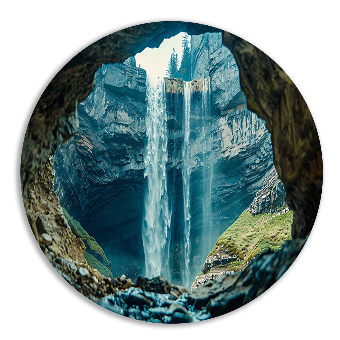 Waterfall seen through rocky cave opening aluminium muurcirkel