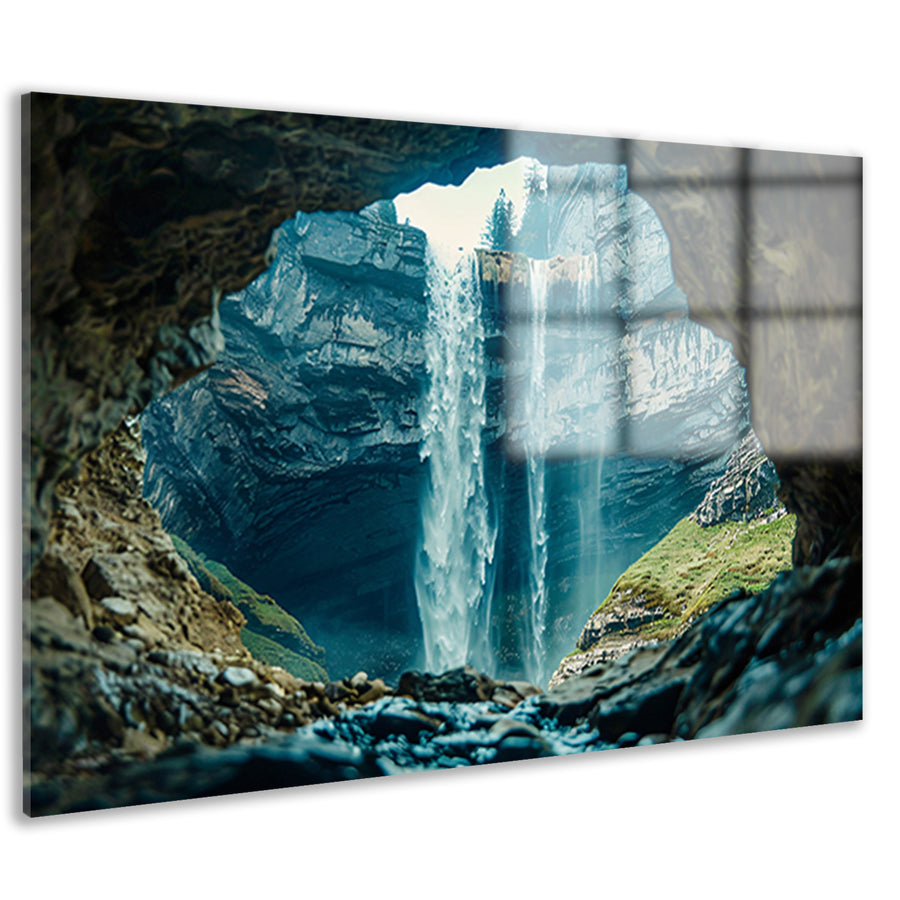 Waterfall seen through rocky cave opening acrylglas