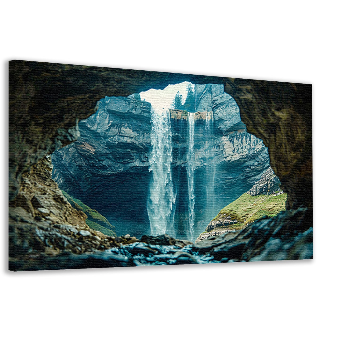 Waterfall seen through rocky cave opening canvas