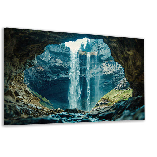 Waterfall seen through rocky cave opening canvas
