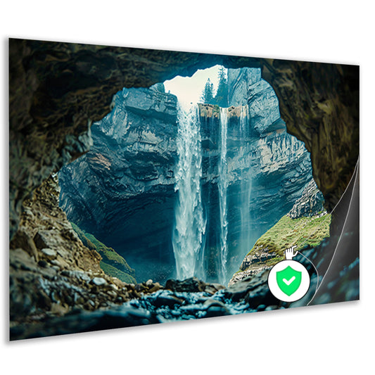 Waterfall seen through rocky cave opening poster