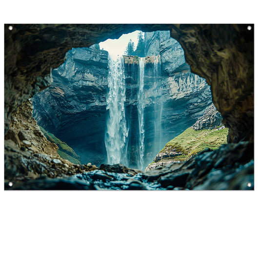 Waterfall seen through rocky cave opening tuinposter