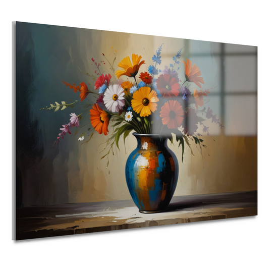Impressionistische bloemenpracht in kleurrijke vaas acrylglas