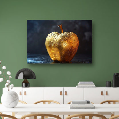 Gouden appel met glinsterende waterdruppels op donkere achtergrond poster