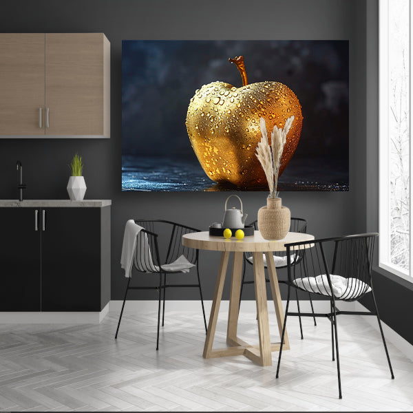 Gouden appel met glinsterende waterdruppels op donkere achtergrond poster