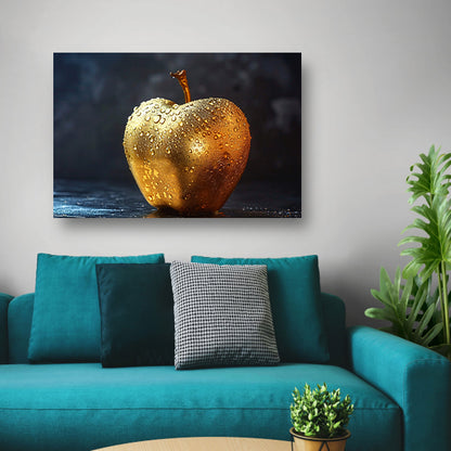 Gouden appel met glinsterende waterdruppels op donkere achtergrond poster
