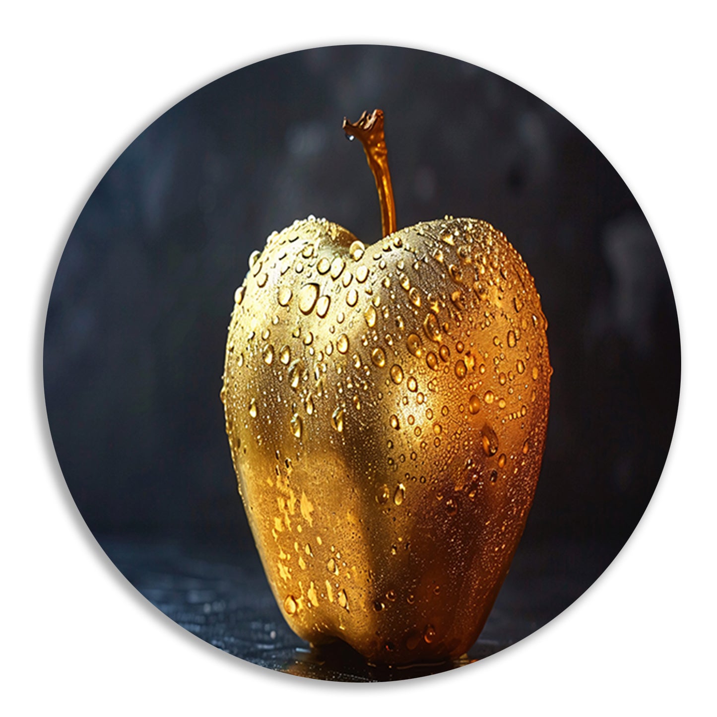 Gouden appel met glinsterende waterdruppels op donkere achtergrond aluminium muurcirkel
