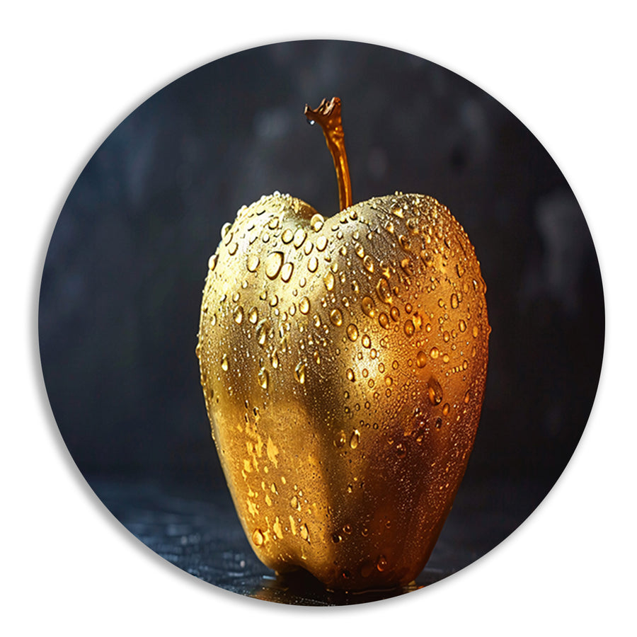Gouden appel met glinsterende waterdruppels op donkere achtergrond aluminium muurcirkel