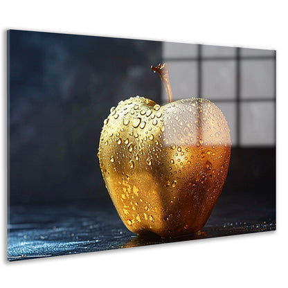 Gouden appel met glinsterende waterdruppels op donkere achtergrond acrylglas