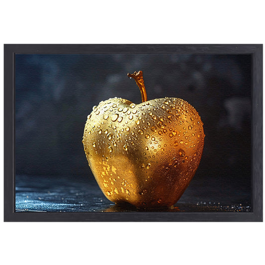 Gouden appel met glinsterende waterdruppels op donkere achtergrond canvas met baklijst