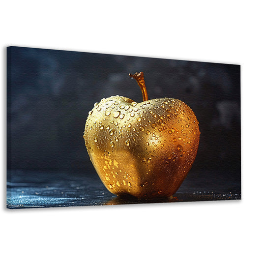 Gouden appel met glinsterende waterdruppels op donkere achtergrond canvas