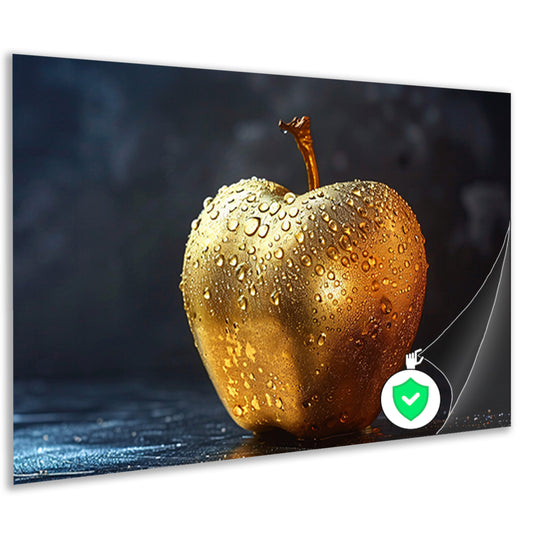 Gouden appel met glinsterende waterdruppels op donkere achtergrond poster