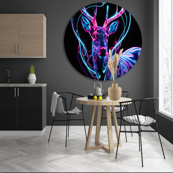 Kleurrijk digitaal hert met neonlichten aluminium muurcirkel