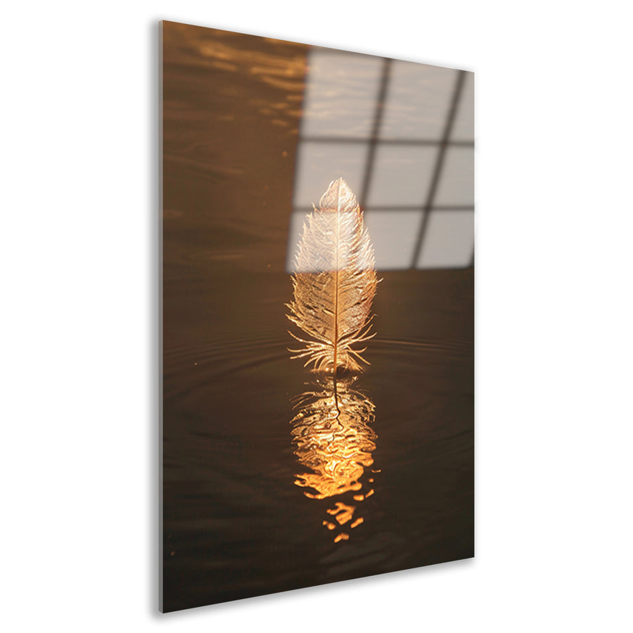 Gouden veer drijvend op rustig water bij zonsondergang acrylglas